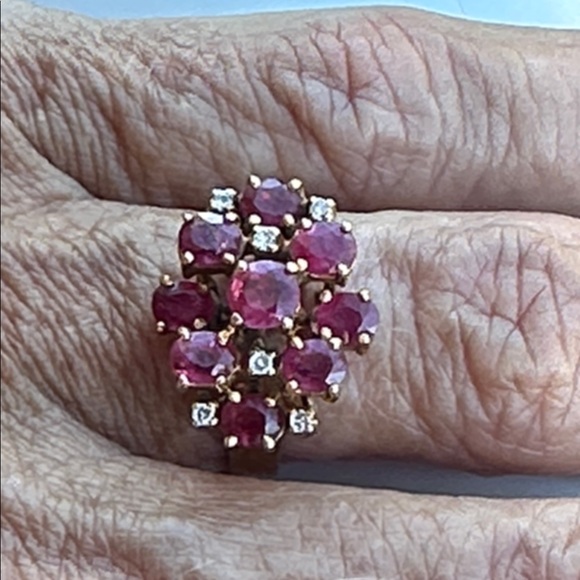 Diamond Ruby Ring in 14k Gold Nine Oval Red Rubies and Six Diamonds Appraisal - Picture 1 of 12